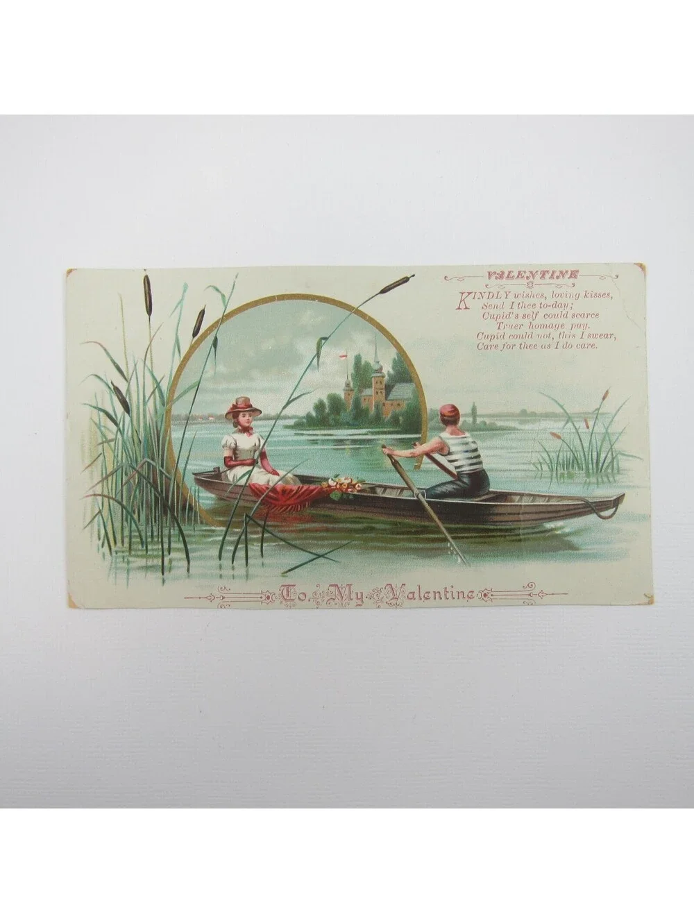 Valentine Card 1910s Lady Straw Hat Gondola Row Boat Ride Lake Reeds Antique